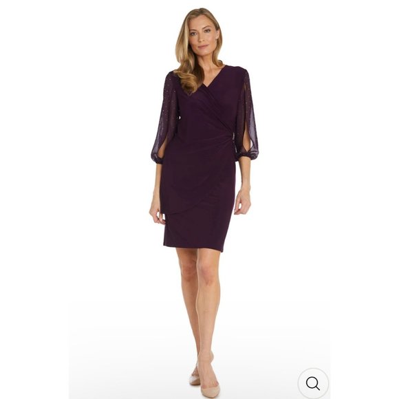 NWT R&M Richards Plum Cocktail Dress W/ Sheer Balloon Sleeves Studs‎ Size 6P